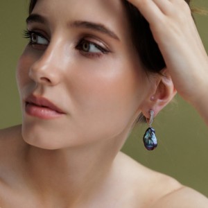 Cercei argint cu perle naturale negre kasumi like si cristale DiAmanti SK24480EL_B-G (Argint 925‰ 4 g.)